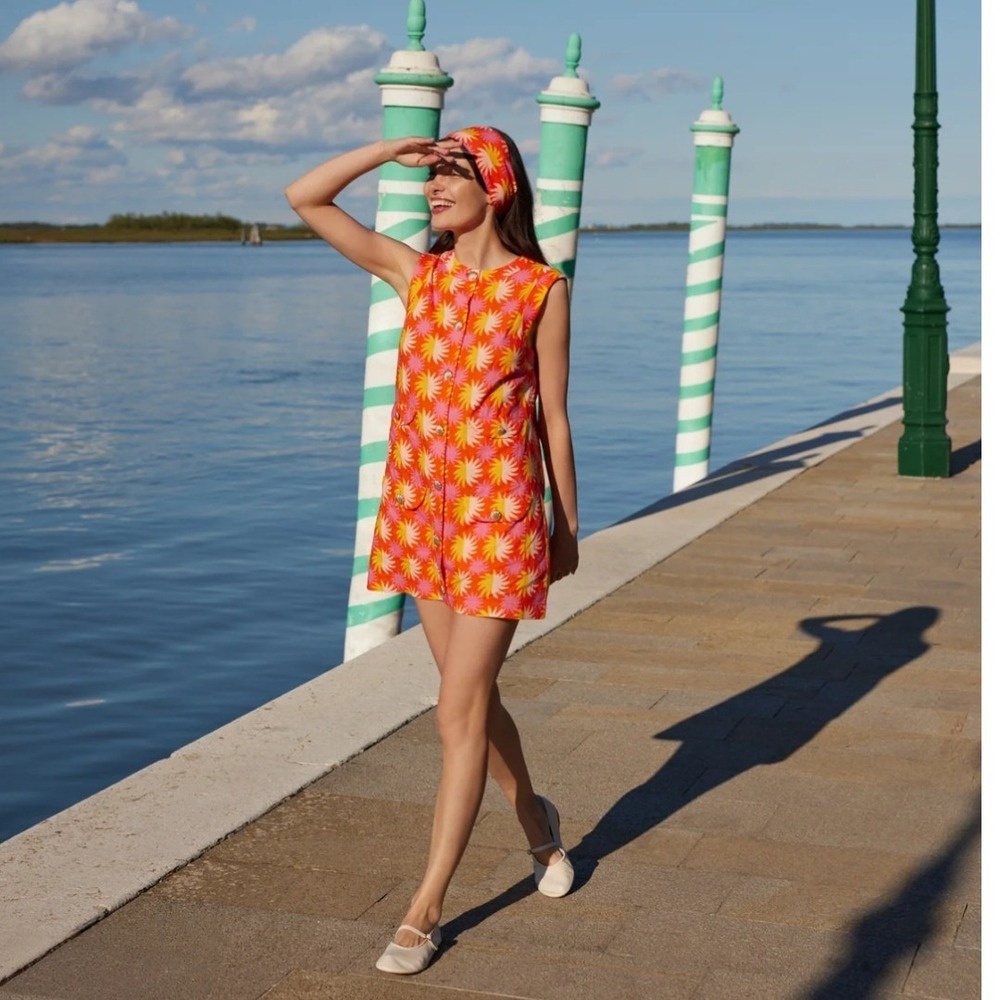 Sundress France Nadege Mini Dress XS Orange Pink Sunburst Shell Button Dress NEW